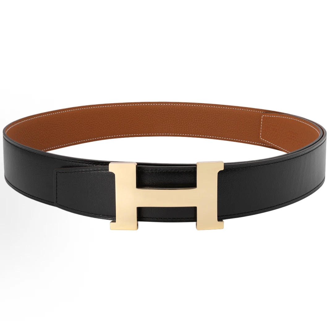 99新 Hermes/爱马仕 爱马仕双面黑拼棕金扣腰带