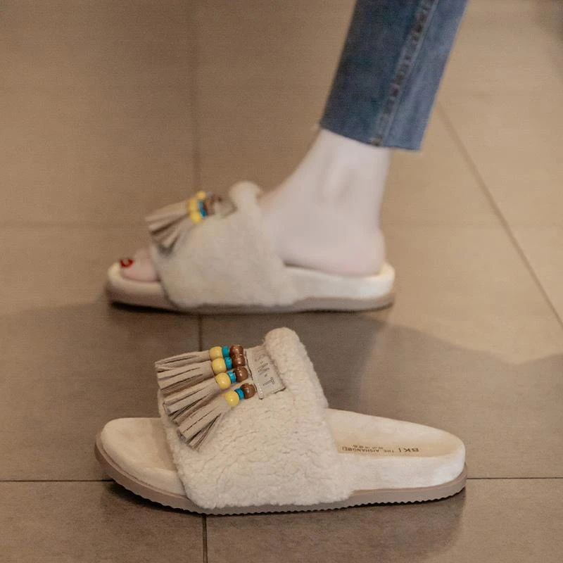 覆古民族风绝美毛毛拖鞋女外穿秋冬新款舒适软平底孕妇棉拖鞋