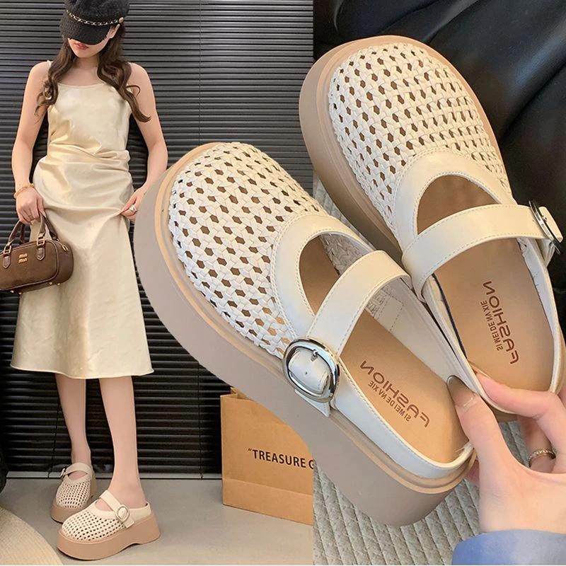 网红厚底镂空中跟包头拖编织松糕底透气洞洞鞋休闲玛丽珍软底防滑