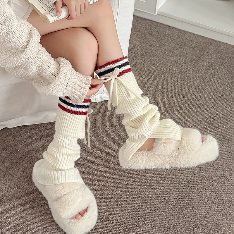 绑带蝴蝶结jk小腿套温暖毛线针织堆堆袜复古美式英伦风条纹长筒袜