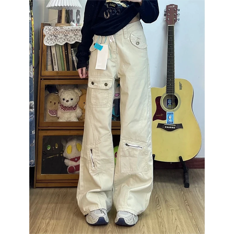 大码微胖mm多口袋工装微喇牛仔裤女2025夏季新款显瘦拖地阔腿裤子