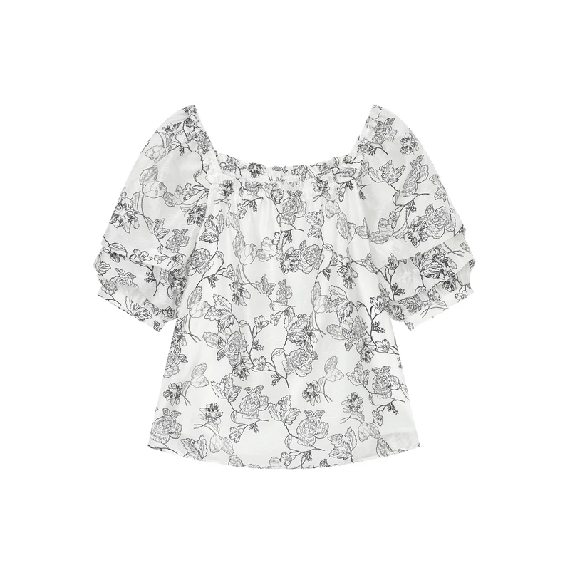 飘蕾夏季新款时尚甜美减龄法式碎花泡泡短袖上衣PK4109075