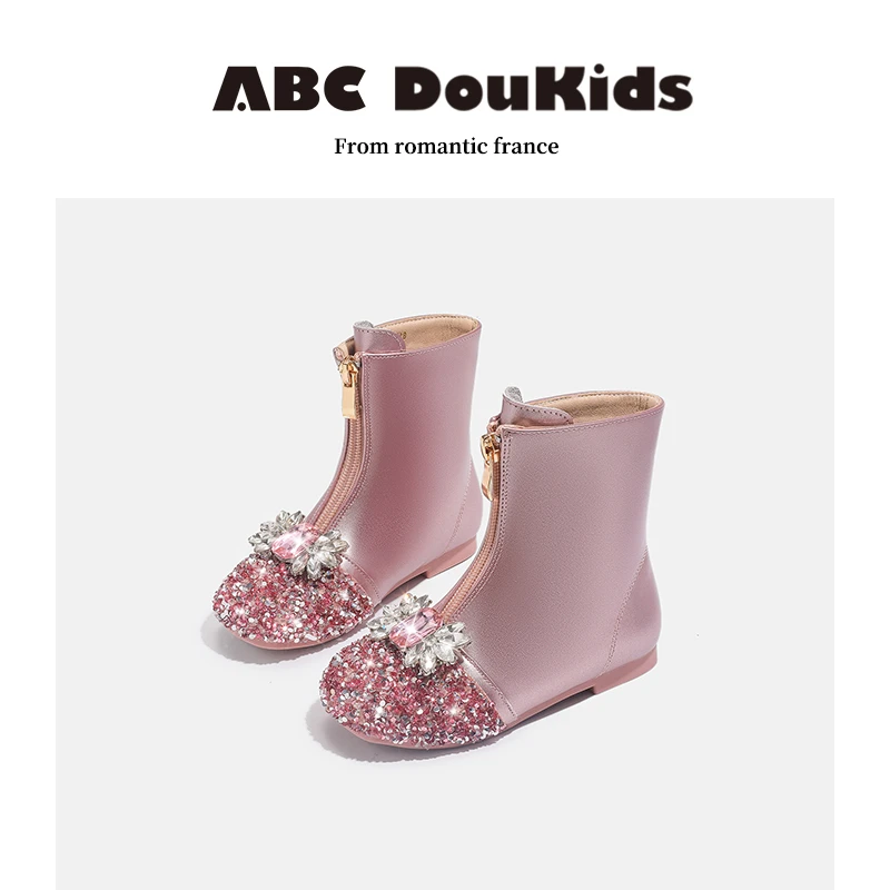 ABC Doukids女童靴子2025秋冬季新款爱莎公主儿童马丁靴加绒短靴
