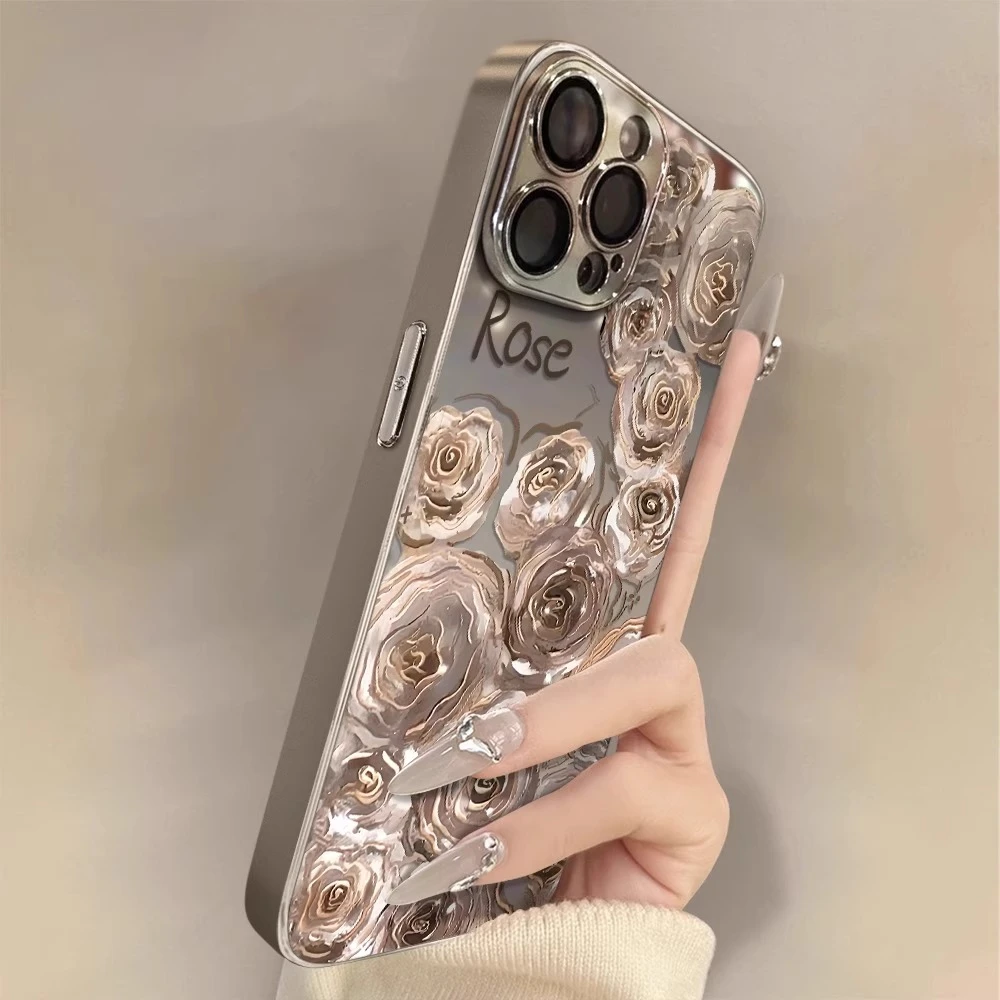 适用苹果17promax手机壳英文玫瑰彩绘iphone16Pro新女款15p保护套