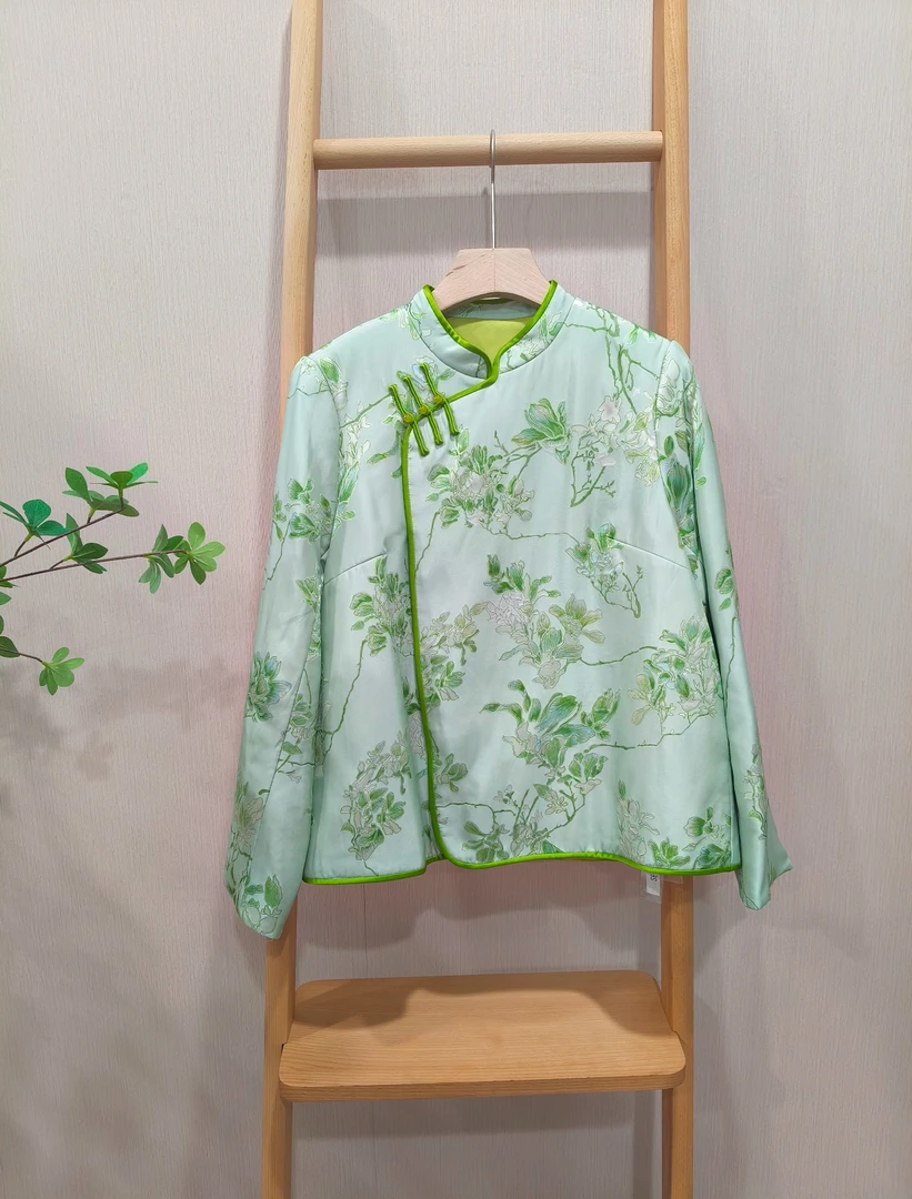 【Hua】490223早春新款女士复古新中式国风纯色提花斜襟棉服上衣