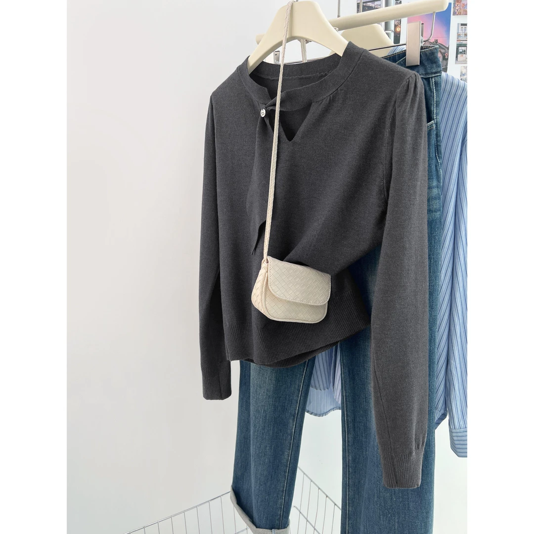 法式飘带针织衫女设计感小众夏季韩系穿搭别致修身长袖显瘦上衣