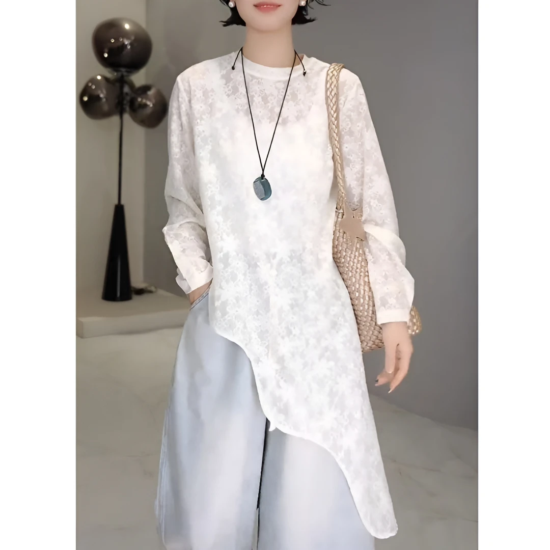 春季复古下摆不规则打底衫女2025新款圆领提花小众叠穿蕾丝小衫女