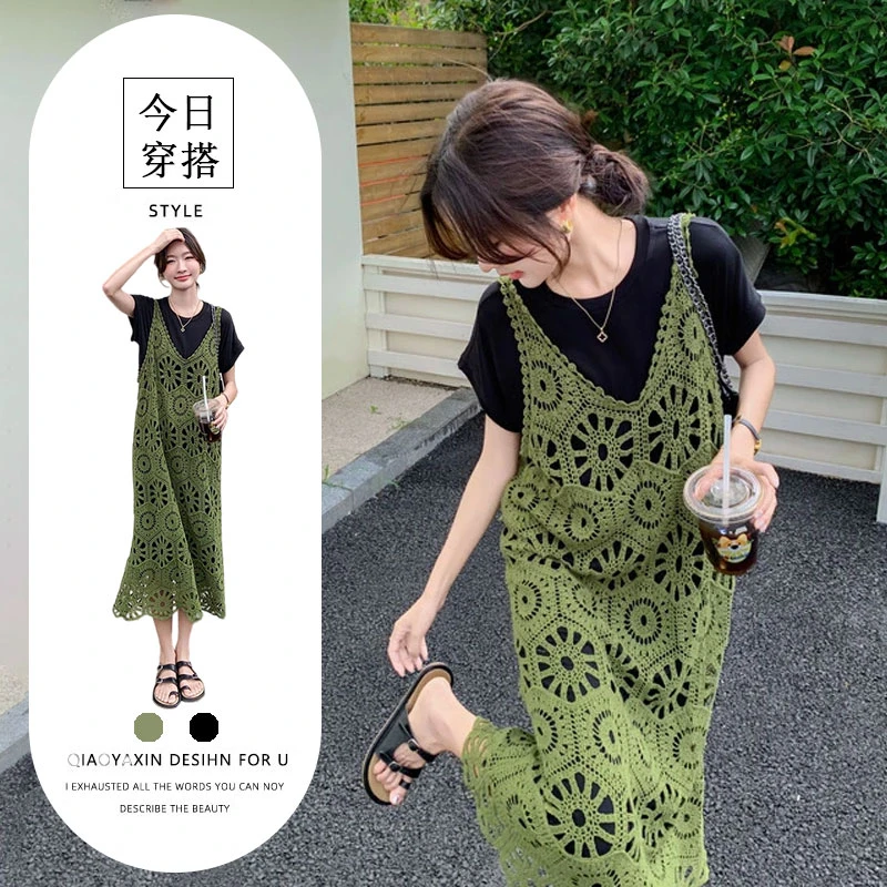 2025新款今年流行黑色T恤+减龄绿色连衣裙女韩系夏季漂亮吊带套装