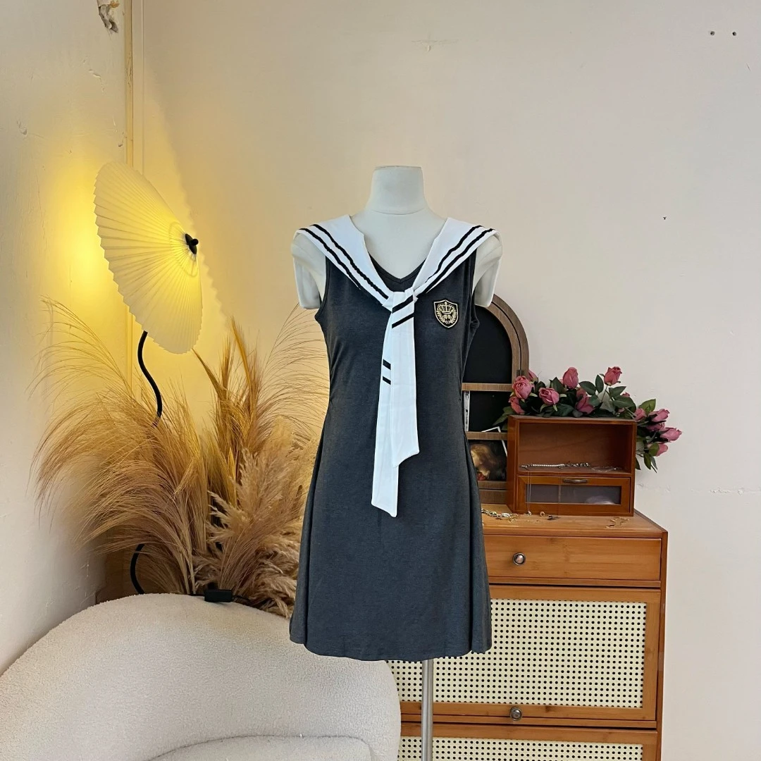 LHTE青青大码女装 春夏款学院风法式海军领灰色休闲连衣裙L1425