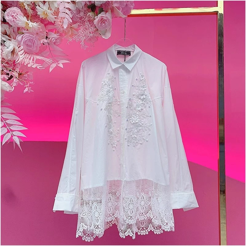 A1355欧美设计师2025早春新款小众重工钉钻立体花宽松休闲衬衫女