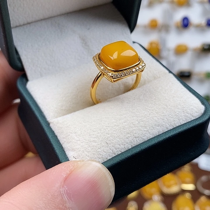 蜜蜡银S925镀金镶嵌戒指