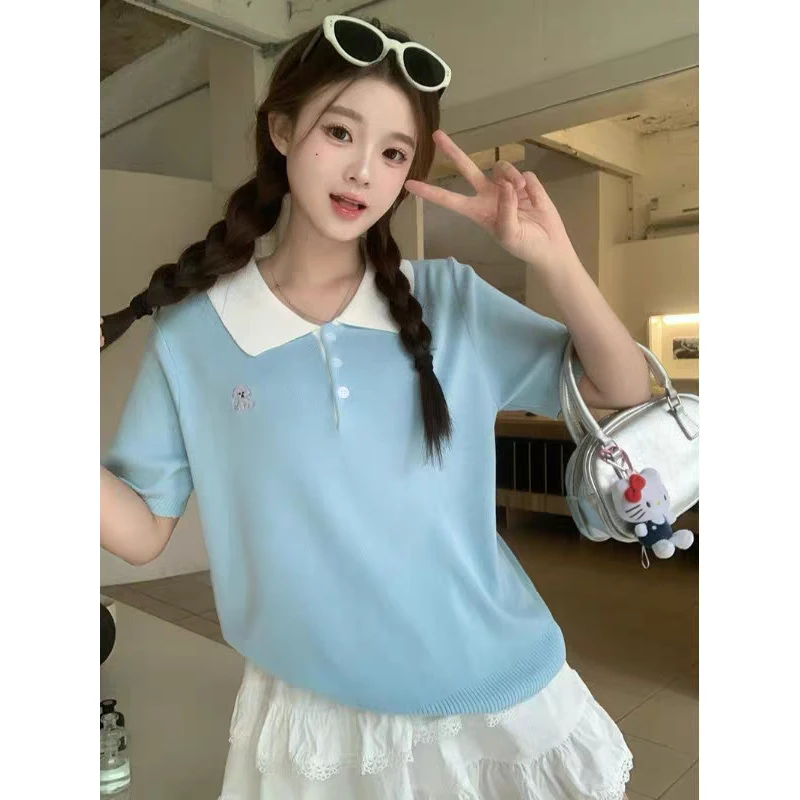 6660大码刺绣拼色休闲风短袖针织衫拼接撞色小众宽松polo