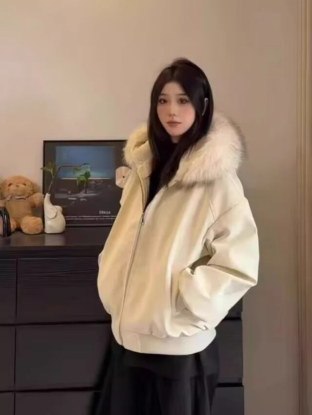 荔枝皮座山雕外套pu皮仿兔毛绒大毛领男女棉服2025冬加绒派克服潮