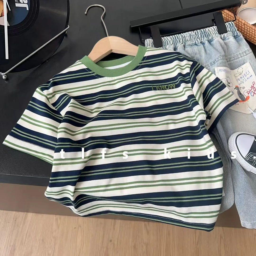 童例「25277绿领条休闲短袖T恤」夏季儿童透气亲肤男童女童圆领潮流