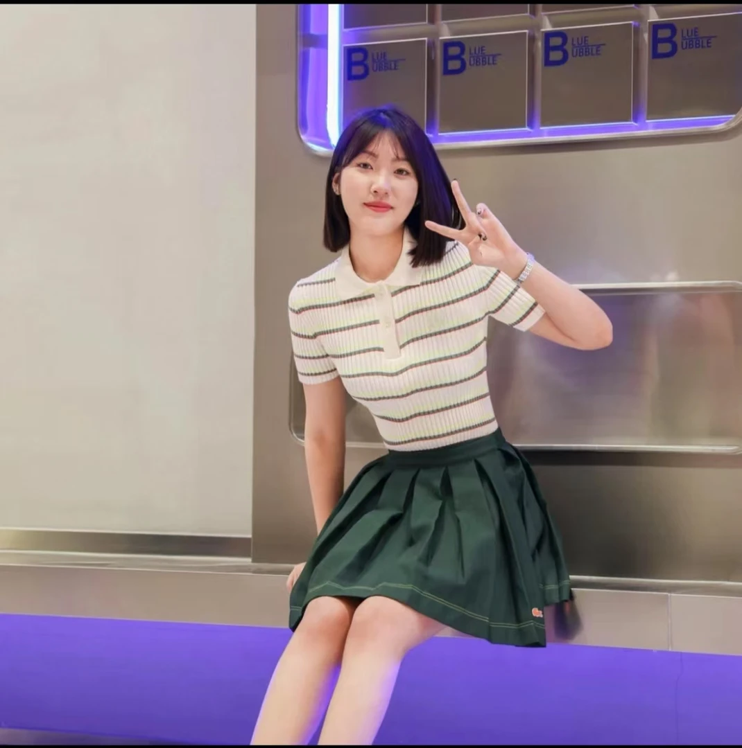 高级条纹短款修身经典polo杉女款6242