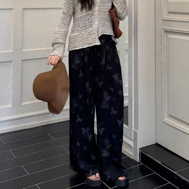 慵懒风松弛感休闲裤女夏季新款蝴蝶印花阔腿裤宽松显瘦洋气长裤潮