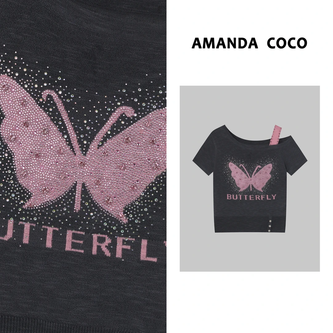 NANA# 薄款烫钻蝴蝶刺绣百搭露肩短袖针织衫