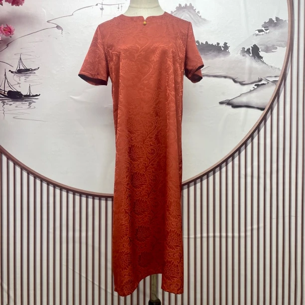 6336夏季新款圆领落日余晖连衣裙气质修身显瘦旗袍裙女士提花中式