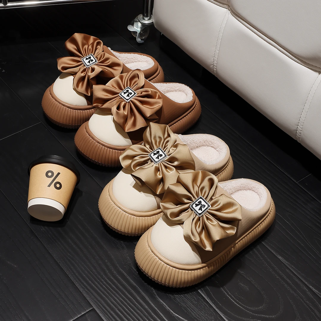 氛围感女士蝴蝶结棉拖鞋秋冬季厚底防滑家居室内毛绒保暖棉拖女