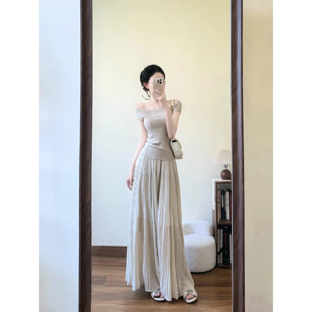 纯欲修身一字肩上衣a字半身裙高级感夏日绝美穿搭套装女2025新款