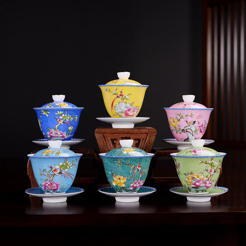 德化粉彩扒花盖碗手绘描金陶瓷功夫茶具套装三才盖碗珐琅彩盖碗