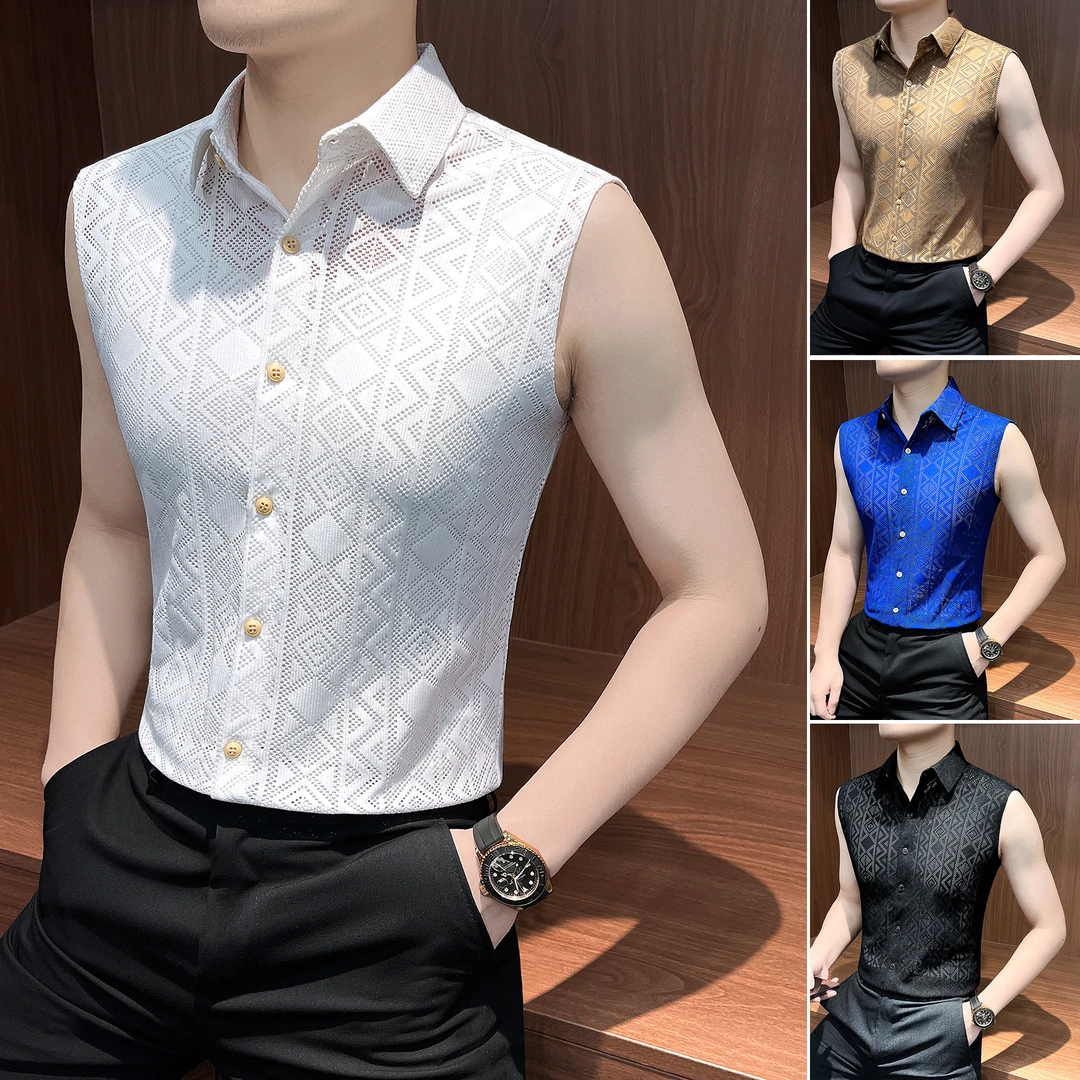 格纹镂空坎肩衬衫男款爆款2025新款网红洋气炸街男装无袖男士背心