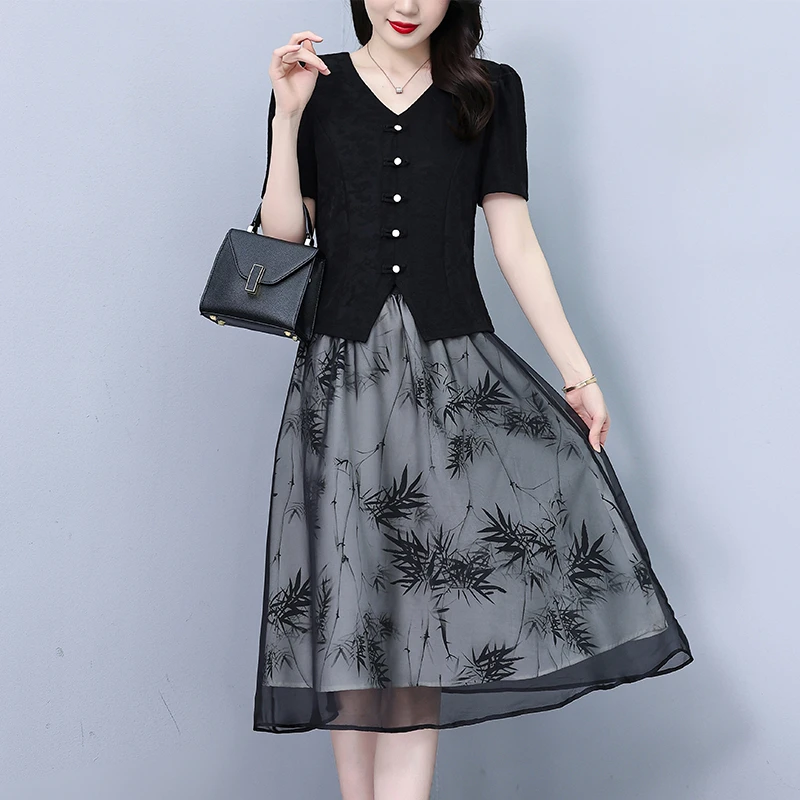 高端遮肚显瘦中式盘口2025夏季新品大码中年妈妈气质雪纺两件套装