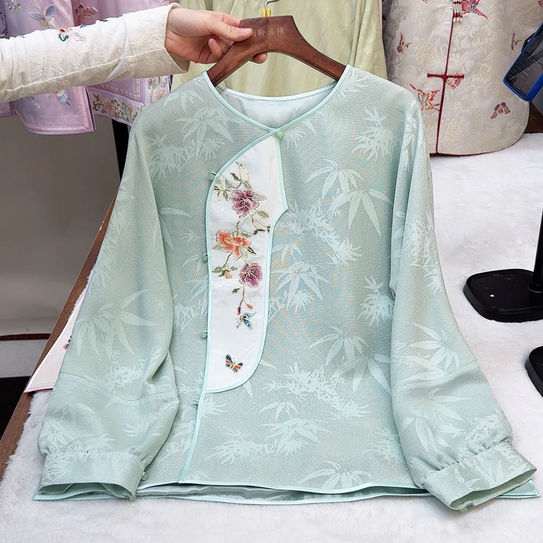 刺绣真丝绿色 竹叶纹 上衣