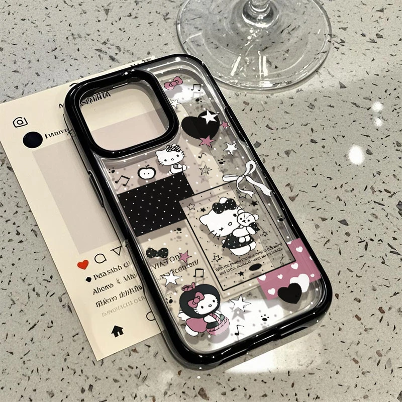 波点星星凯蒂创意适用于iPhone15/16pro透明14手机壳防摔13黑边12