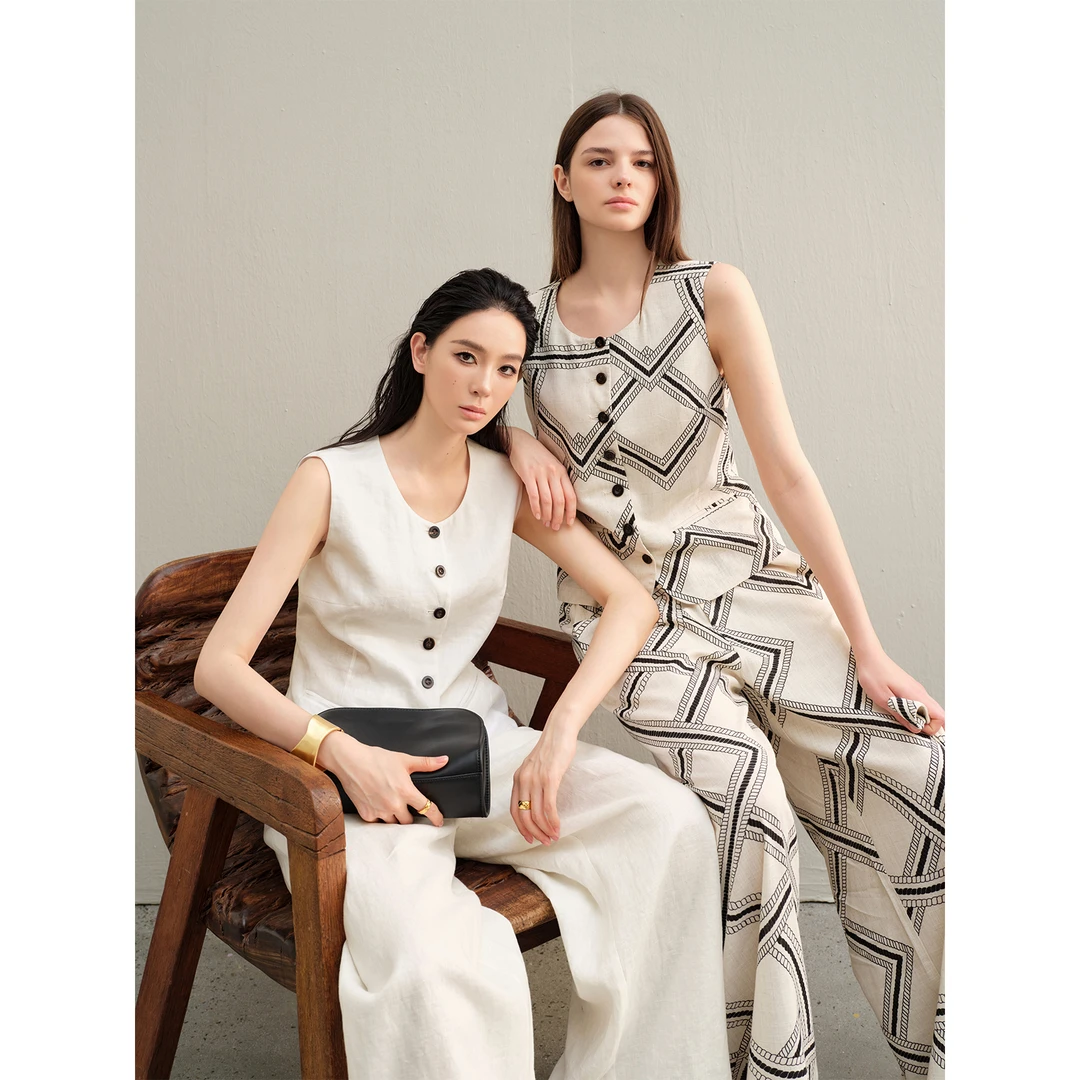 周淼【新贵老钱】亚麻直筒阔腿裤女气质马甲单肩包包套装ZM25G8697Z