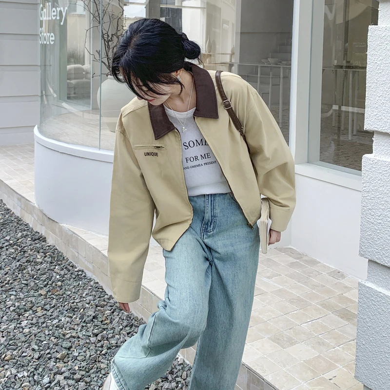 女拉链翻领翻驳领宽松型短外套韩版宽松春季秋季春秋小个子长袖