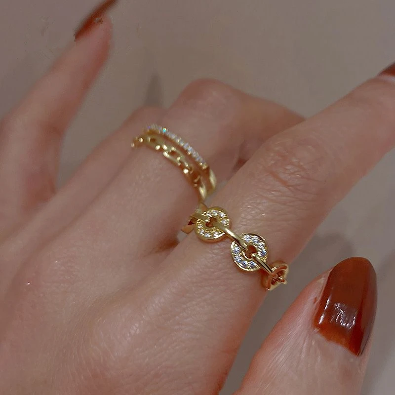 铜合金戒指 小众设计感双层链条食指戒指环叠戴戒指女个性轻奢