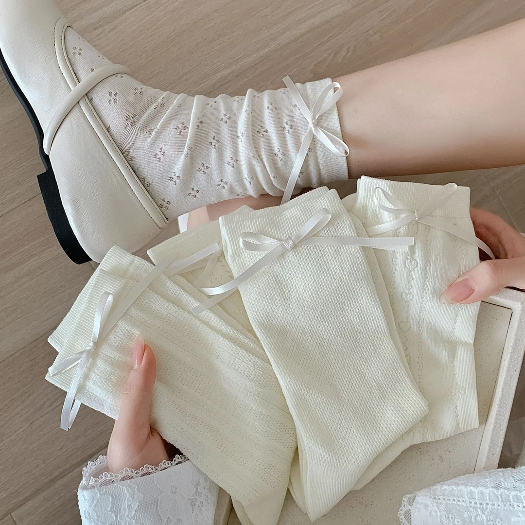 白色袜子女夏季薄款镂空网眼蝴蝶结袜子女中筒日系可爱jk堆堆袜