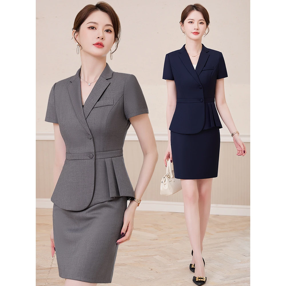 短袖西装套装女夏季薄款珠宝店美容院前台工作服无领西服职业正装