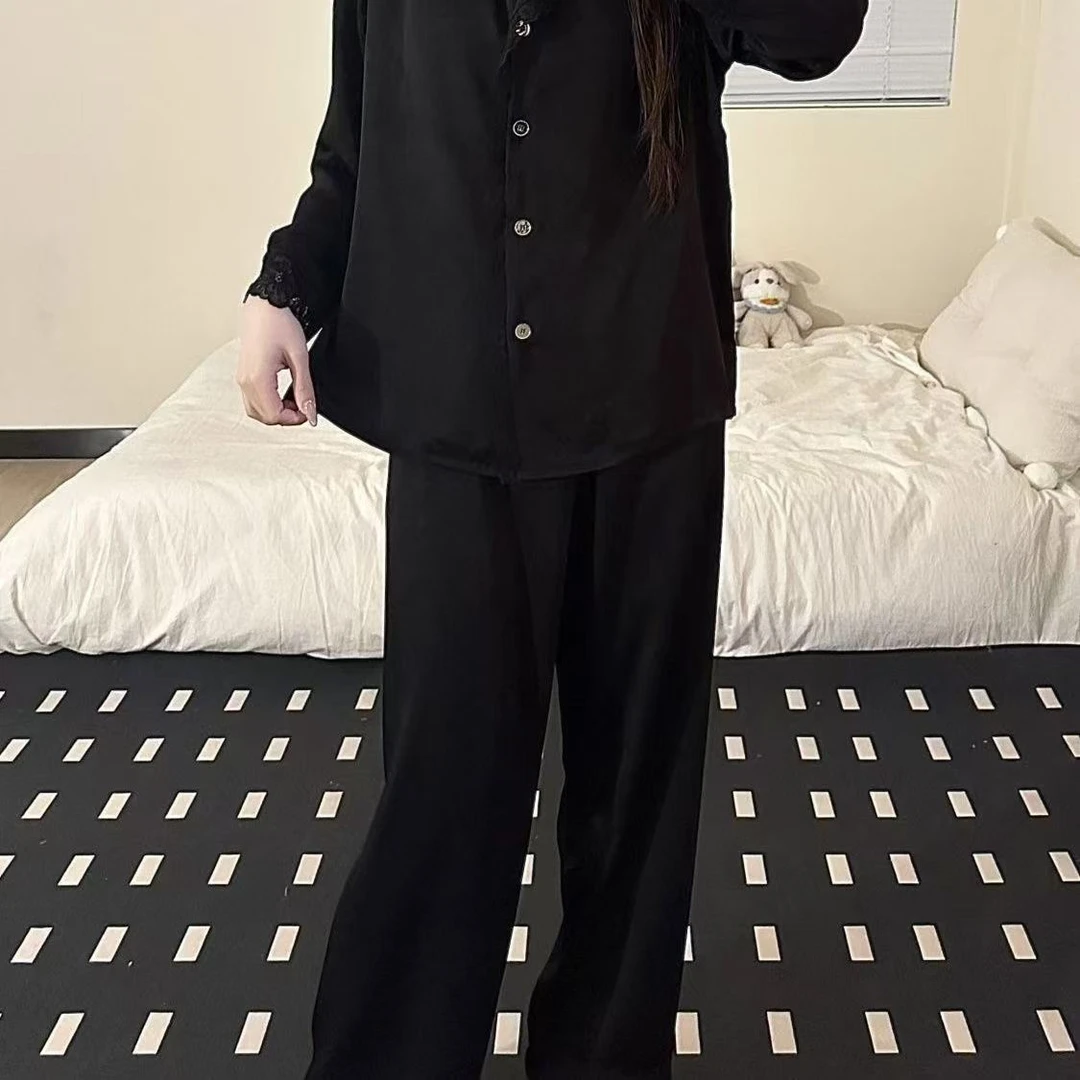 【黑天鹅】冰雪丝睡衣女春季新款黑色纯欲蕾丝拼接花边家居服两件套