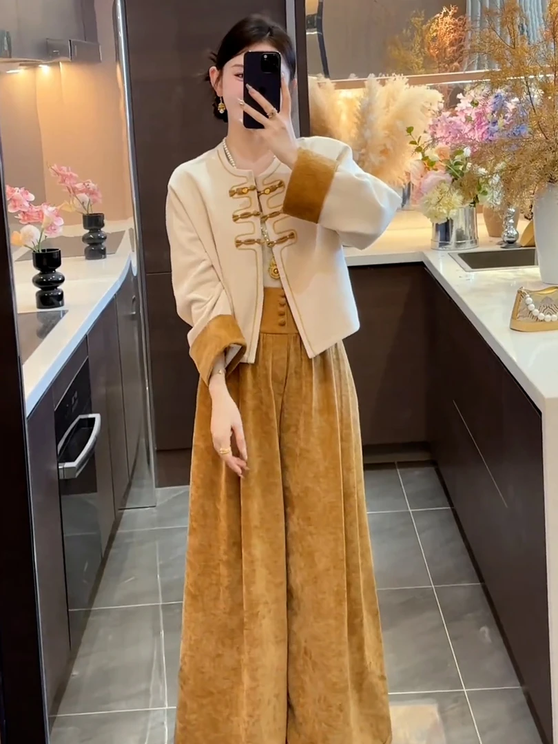 秋季气质一整套ootd穿搭大方得体轻奢高级感新中式国风白色套装裤