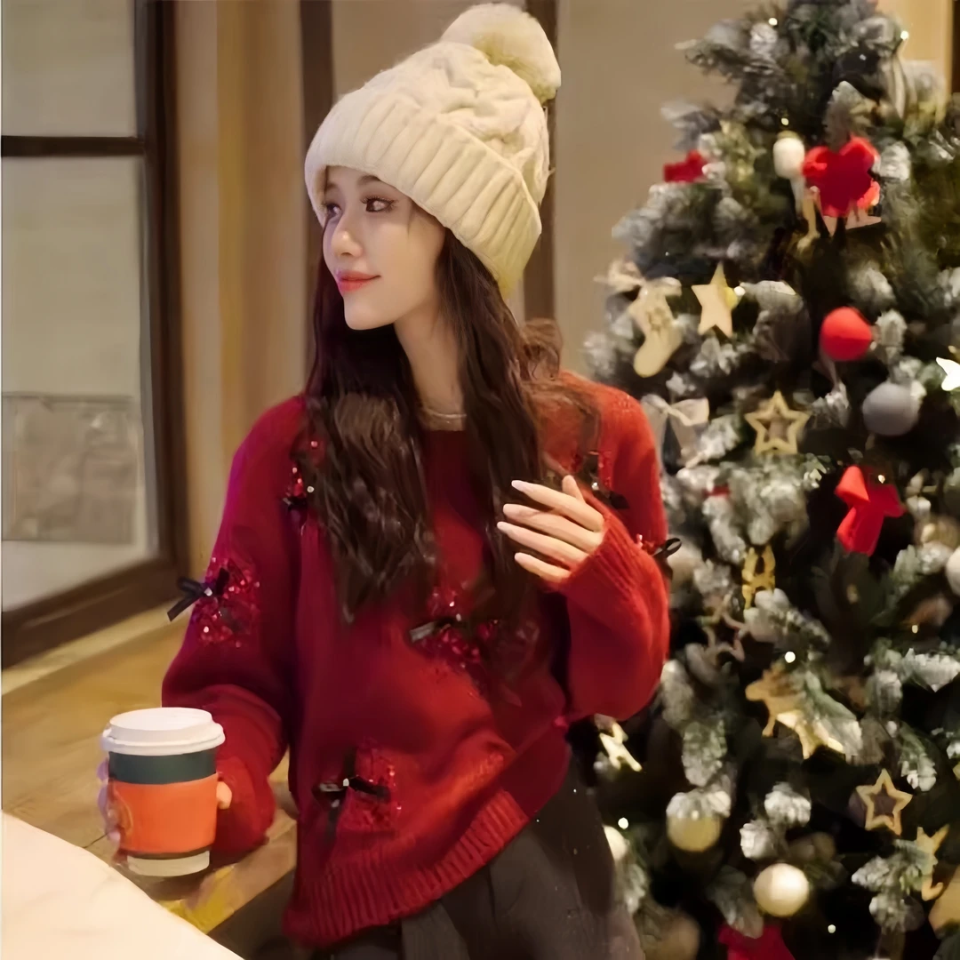 新年圣诞红色亮片蝴蝶结毛衣针织衫女春季韩系温柔风软糯长袖上衣