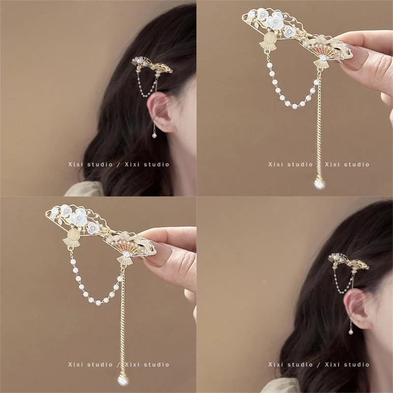 新中式折扇发夹珍珠流苏侧边鸭嘴夹古风头饰超仙汉服配饰刘海夹女
