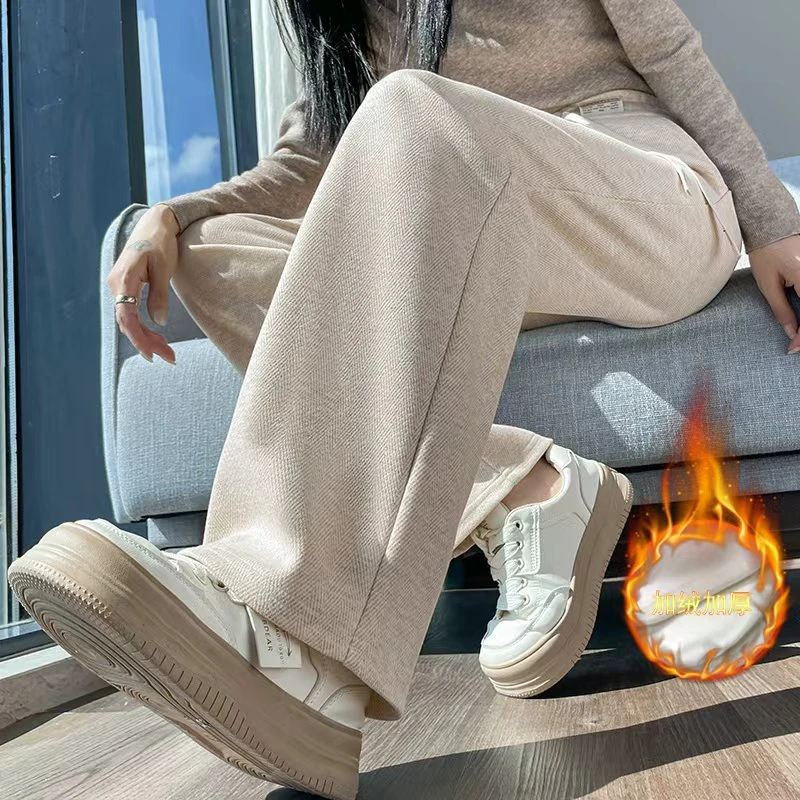 2025新款人字纹毛呢女秋冬季九分/长裤大码直筒阔腿休闲裤女