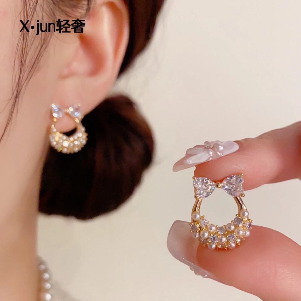 铜合金耳饰 韩式气质甜美百搭蝴蝶结珍珠圆环耳钉精致轻奢925耳环