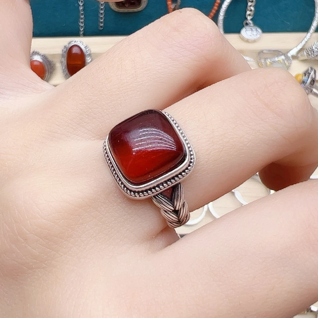 血珀戒指银S925镶嵌天然