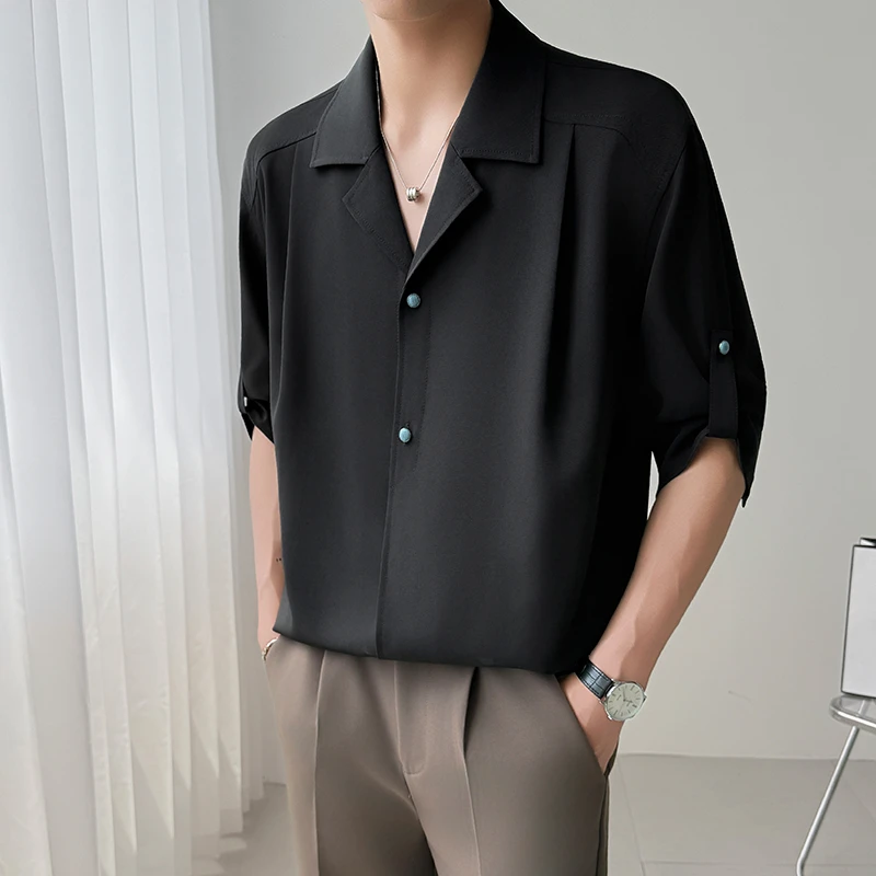 夏季爆款绿松石扣设计翻领冰丝中袖衬衫休闲休闲薄款痞帅港风垂感