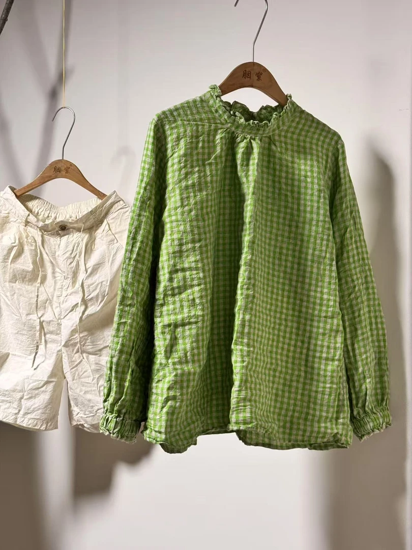 Z91胭絮-设计师推荐款 精致娃娃领双面穿 色织砂洗亚麻面料开衫