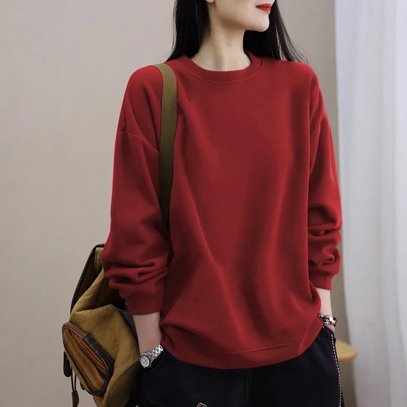 纯棉2025春秋新款宽松长袖圆领打底衫套头休闲百搭大码显瘦卫衣女