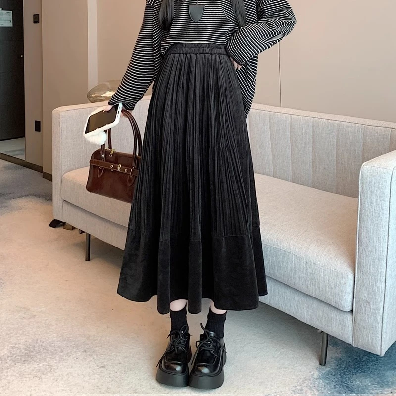 黑色加厚丝绒百褶裙半身裙女冬季松紧高腰显瘦中长款a字大摆伞裙
