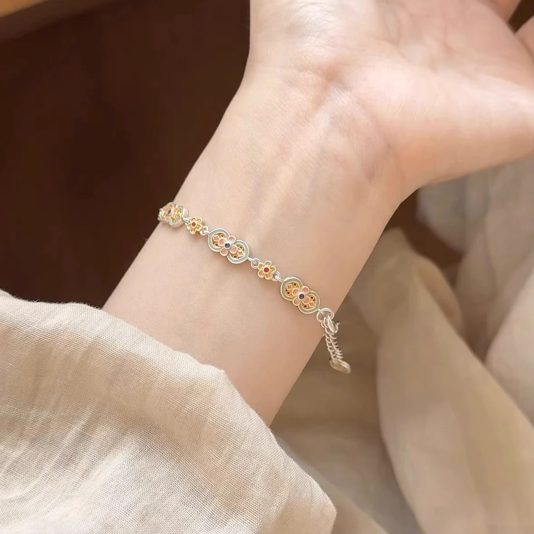 足银手链 【腕上花】国风中足银999轻奢小众叠百搭手链女釉珐琅礼物