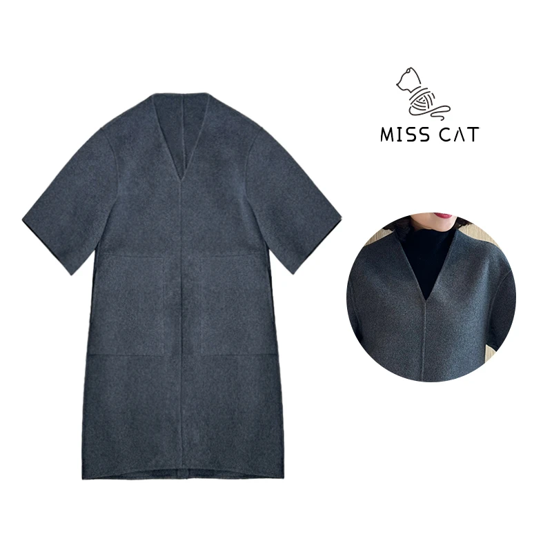 2025冬新气质优雅V领羊绒工装短袖连衣裙中长款