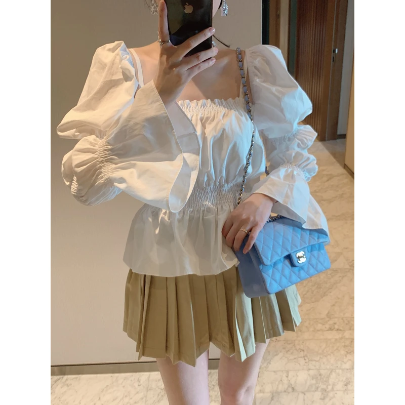 【张静芝】褶皱泡泡袖方领衬衫