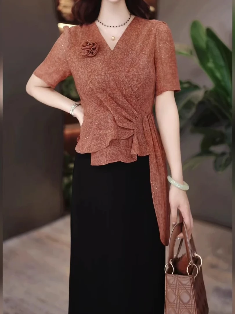 M1028 夏季新款高档洋气新中式收腰显瘦气质妈妈连衣裙女时尚