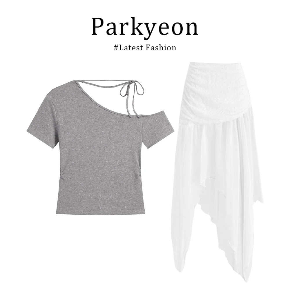 parkyeon夏日度假风穿搭辣妹风气质斜肩露肩上衣不规则半身裙套装